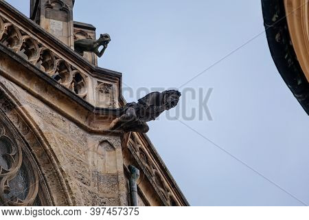 Low Angle View At A Part Of Medieval Stone St. Bartholomew´s Church In Autumn Day, Arched Windows, C