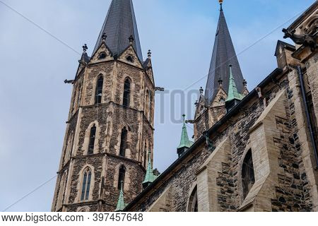 Medieval Stone St. Bartholomew´s Church In Autumn Day, Arched Windows, Chimeras And Gargoyles, Gothi