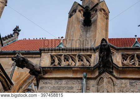 Low Angle View At A Part Of Medieval Stone St. Bartholomew´s Church In Autumn Day, Arched Windows, C