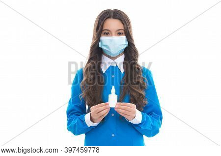 Girl In Mask Hold Nasal Drops. Child Presenting Nasal Spray. Runny Nose Coronavirus Symptom. Flu Sar