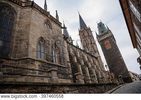 Medieval Stone St. Bartholomew´s Church In Autumn Day, Arched Windows, Chimeras And Gargoyles, Gothi