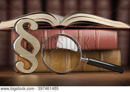 Paragraph sign with loupe and books. Searching, justice and law concept. 3d illustration
