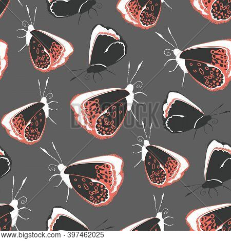 Colorful Seamless Pattern With Butterflies On Gray Background. Stock Vector