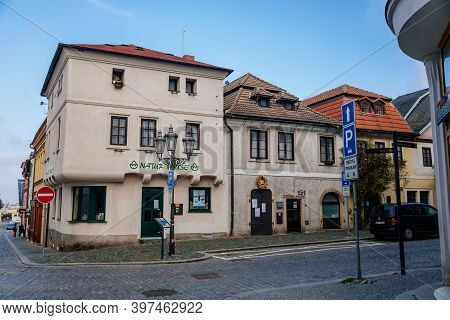 Narrow Picturesque Street With Colorful Buildings In Old Historic Center Of Kolin, Central Bohemia, 