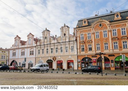 Main Town Charles' Square With Baroque Historic Houses With Stucco In Kolin, Central Bohemia, Czech 