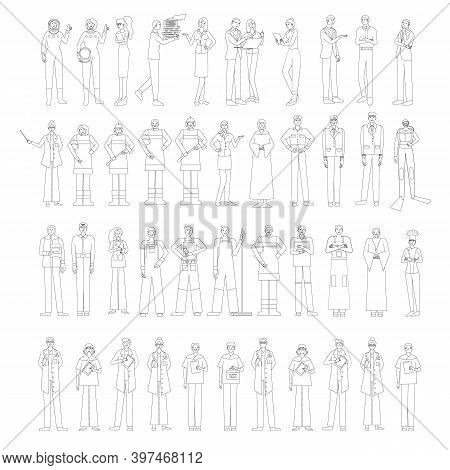 Monochrome Collection Of Female And Male Workers Of Different Professions. Bundle Of People Of Vario