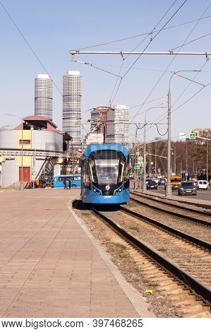 Moscow, Russia, 11 April, 2019: The Tram On Route 17 Runs In The Vdnh Area On The Background Of The 