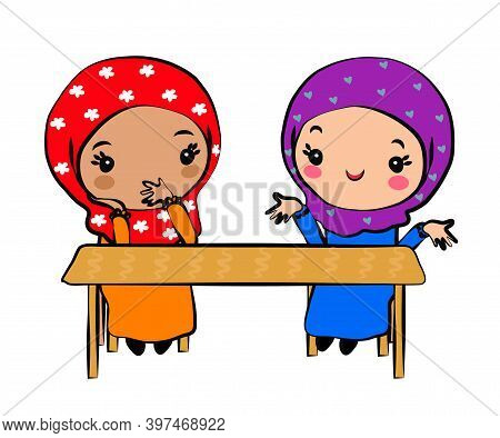 Muslim Women In Headscarves Sit And Talk. Cartoon. Vector Illustration.