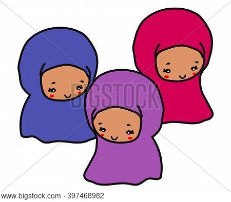 Muslim Women In Headscarves On A White Background. Cartoon. Vector Illustration.