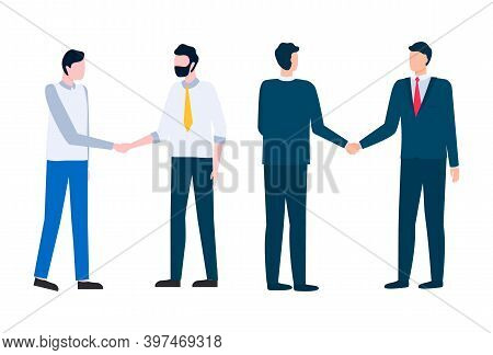 Meeting Of Business Partners Vector, Colleagues At Conference, Male Dealing With Agreement, Handshak