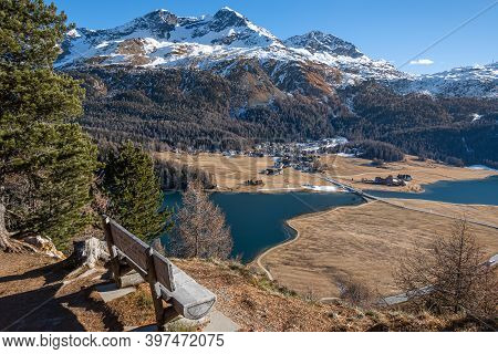 St. Moritz-silvaplana, Switzerland - November 26, 2020: Awesome Early Winter Panorama Of Silvaplana 