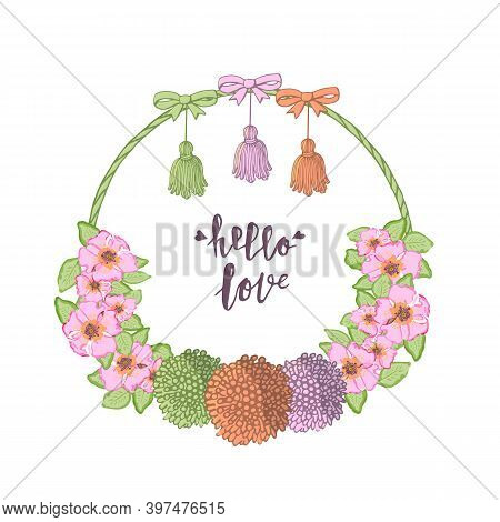 Hand Drawn Colorful Dog Rose Flowers Circular Wreath. Floral Design Element. Isolated On White Backg
