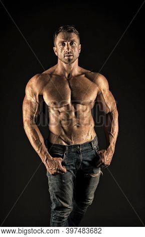 Sex Appeal. Sexy Man Shirtless Black Background. Athletic Guy With Sexy Bare Torso. Wellness And Bod