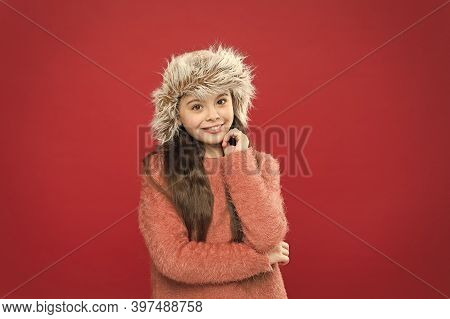 Winter Season. Shopping Concept. Keep Head In Warmth. Feeling Warm. Child Long Hair Soft Hat. Winter