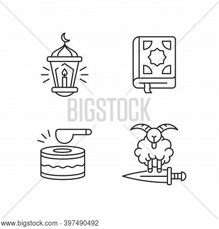 Religious Muslim Atributes Linear Icons Set. Holy Word Of God Called Quran. Special Drums. Customiza
