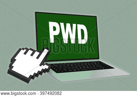 3d Illustration Of Pwd Script With Pointing Hand Icon Pointing At The Laptop Screen, Isolated Over P