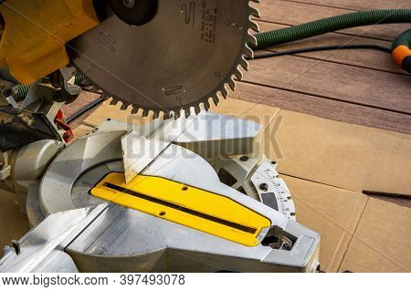 Close Up Of Circular Saw Bench And Sharp Rotary Blade. Wood Work Equipment And Machinery. High Quali