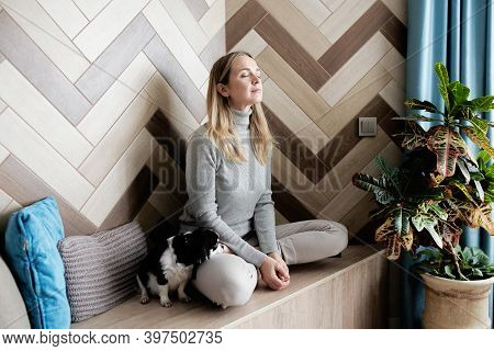 A Young Woman Sits In The Lotus Position And Meditates. A Chihuahua Dog Is Lying Nearby. Concentrati