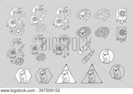Set Of Line Art Witchcraft And Magic Items And Scenes. Witchy Mystic Clipart.