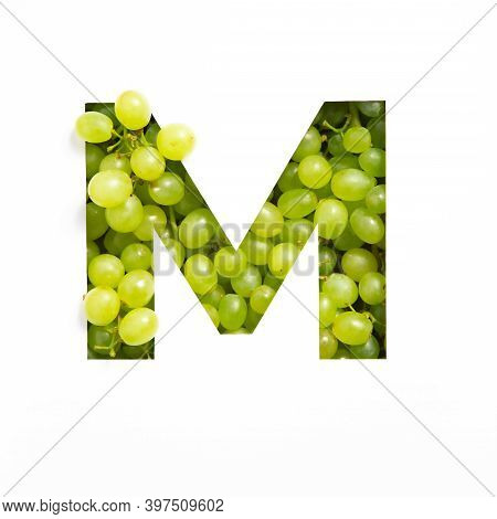 Letter M Of English Alphabet Of Fresh Grape And Cut Paper Isolated On White. Typeface Of Green Berri