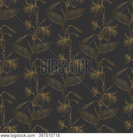 Golden Floral Seamless Pattern With Hand Drawn Vannilla Orchid Flowers On Black Background. Stock Ve