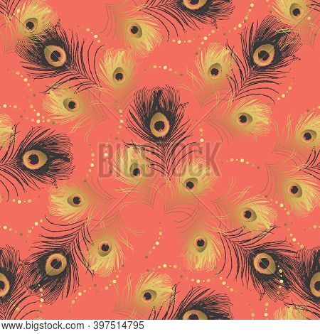 Abstract Seamless Pattern With Peacock Feathers On Pink Background. Stock Vector