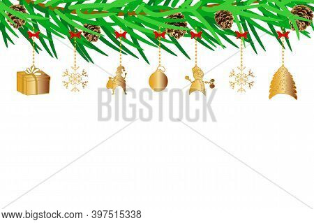 Christmas Greeting Ornaments Elements Hanging Isolated On White Background. Christmas Or New Year Bo