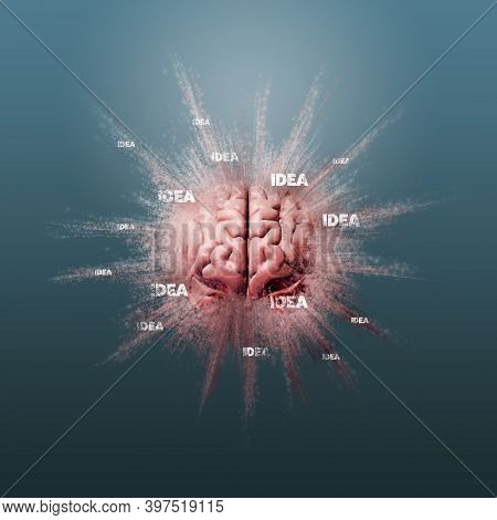 Creativity, Idea, Mind Blown And Brainstorming Concepts. Human Brain Floating On A Blue Background, 