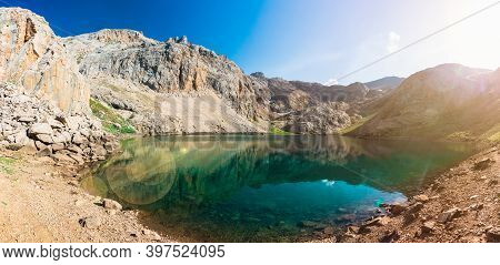 Mountain Lake View Between Bolkar Mountains At Sunset. Panoramic View Of Black Lake. Nigde, Turkey. 