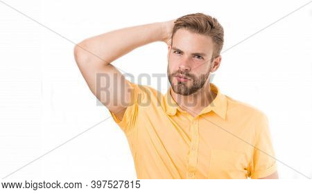 Life Without Dandruff. Healthy Hair. Guy Attractive Enjoy Hairstyle. Man Bearded Strict Face Enjoy F