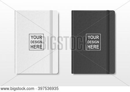 Vector 3d Realistic Textured White And Black Closed Blank Paper Notebook Set Isolated On Transparent