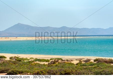 View At Playa De Sotavento, Fuerteventura In Spain In Summer.