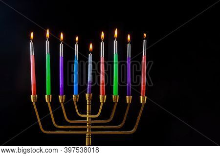 Jewish Religion Holiday Hanukkah On Of Chanukiah Menorah In Nine Candles