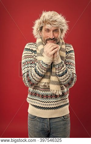 Its Cold, Warm Yourself. Senior Man Shiver In Cold Weather Wear. Mature Man Feel Cold Red Background