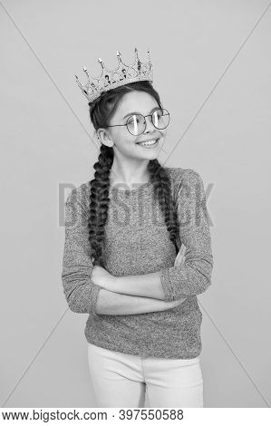 Prom Jewelry And Accessories. Happy Child Wear Prom Crown. Prom Girl Yellow Background. Prom Party. 