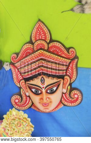 Blurred Image Of Colorful Chhau (or Chhou) Masks Of Goddess Durga, Handicrafts On Display For Sale. 