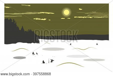 Winter Landscape With A View Of A Frozen Snow-covered Lake. Fishermen Catch Fish On The Lake. Winter