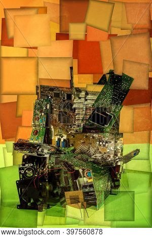 Collage Of Abstract Shapes Made Of Computer Circuit Boards, Stylization