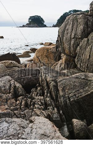 Rocky Seashore, Cloudy Weather At Sea, Coastline Of Telyakovsky Bay Primorsky Krai, Russia.