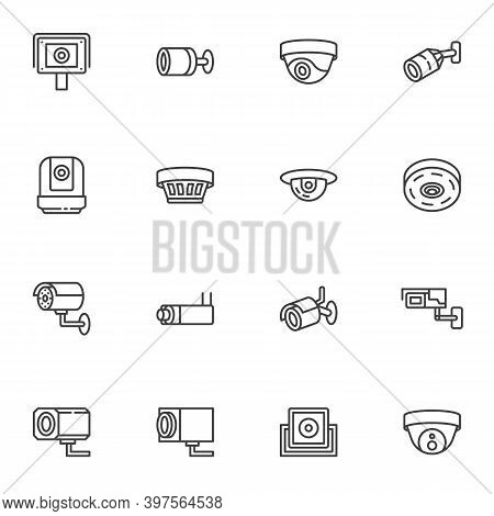 Security Camera Line Icons Set, Outline Vector Symbol Collection, Linear Style Pictogram Pack. Signs