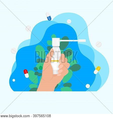 In Hand Throat Aerosol, Throat Medicine, Medicine Concept, Disease Treatment Concept. Sore Throat Tr