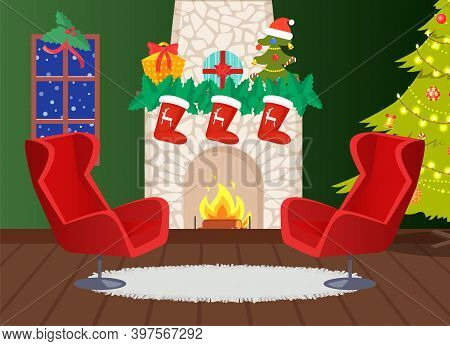 Fireplace Decorated With Socks And Reindeer Print Vector. Home Interior, Blizzard Outside Window, Ar