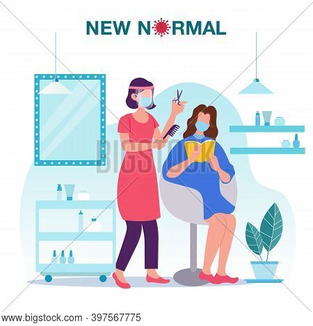 New Normal Concept Illustration With A Female Hairdresser Wearing Face Shield And Mask Doing Haircut