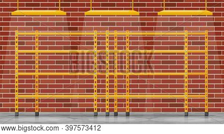 Metal Yellow Standing Rack. Empty Metallic Storage Shelves In Building. Warehouse Equipment And Tool