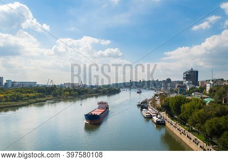 Large Cargo Ships Moves On The River Don In Rostov-on-don In Sunny Day In Autumn Season