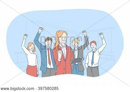 Success, Agreement, Business Development Concept. Happy Young Business People Partners Celebrating S