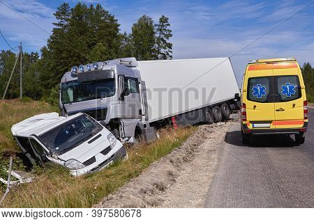 Car Accident On A Road, Truck And Van After Collision.