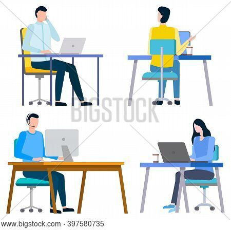 People Working On Laptops And Planning Financial Issues. Vector Investors Analyzing Sales, Sitting A
