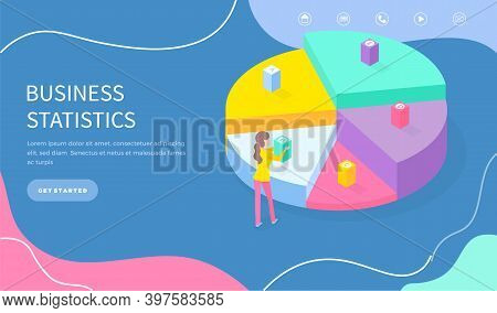 Landing Page Of Website. Business Statistics. Woman Near Huge 3d Isometric Digram, Making Choice, To