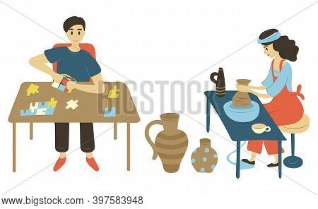 Puzzle Solving Man Vector, Isolated Male And Woman On Leisure. Pastime Of People At Home, Lady With 